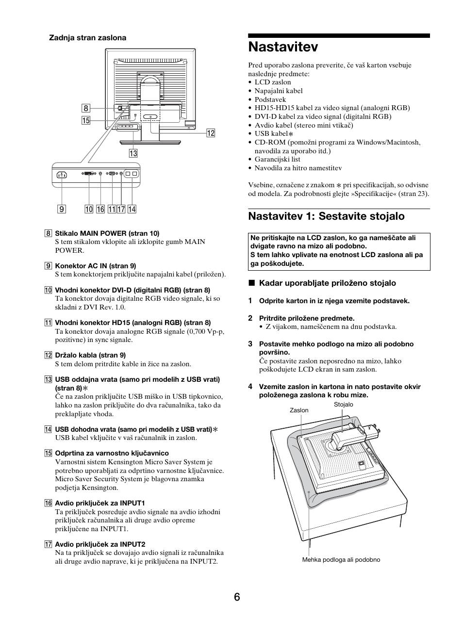 Nastavitev, Nastavitev 1: sestavite stojalo | Sony SDM-S205FB User Manual | Page 359 / 403