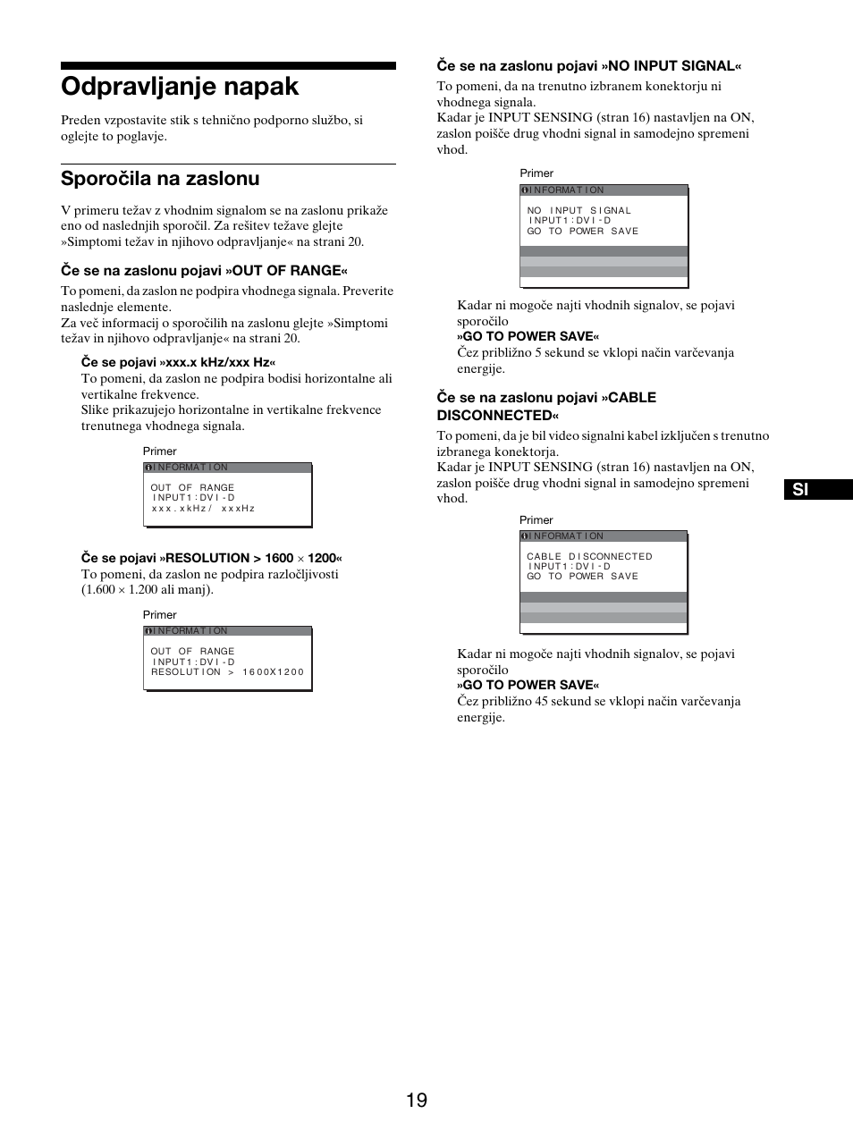 Odpravljanje napak, Sporočila na zaslonu | Sony SDM-S205FB User Manual | Page 372 / 403