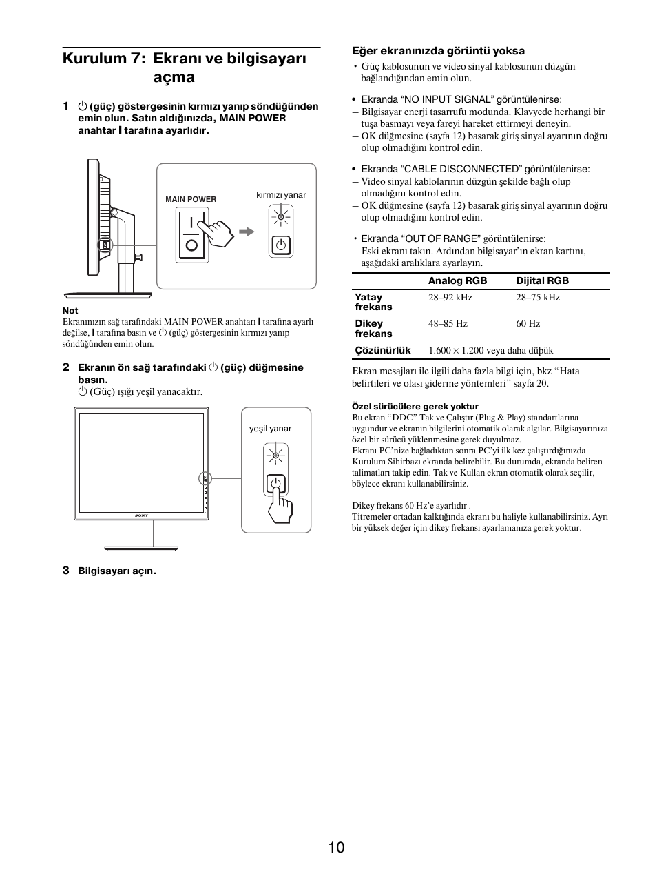 Kurulum 7: ekranı ve bilgisayarı açma, 10 kurulum 7: ekranı ve bilgisayarı açma | Sony SDM-S205FB User Manual | Page 388 / 403