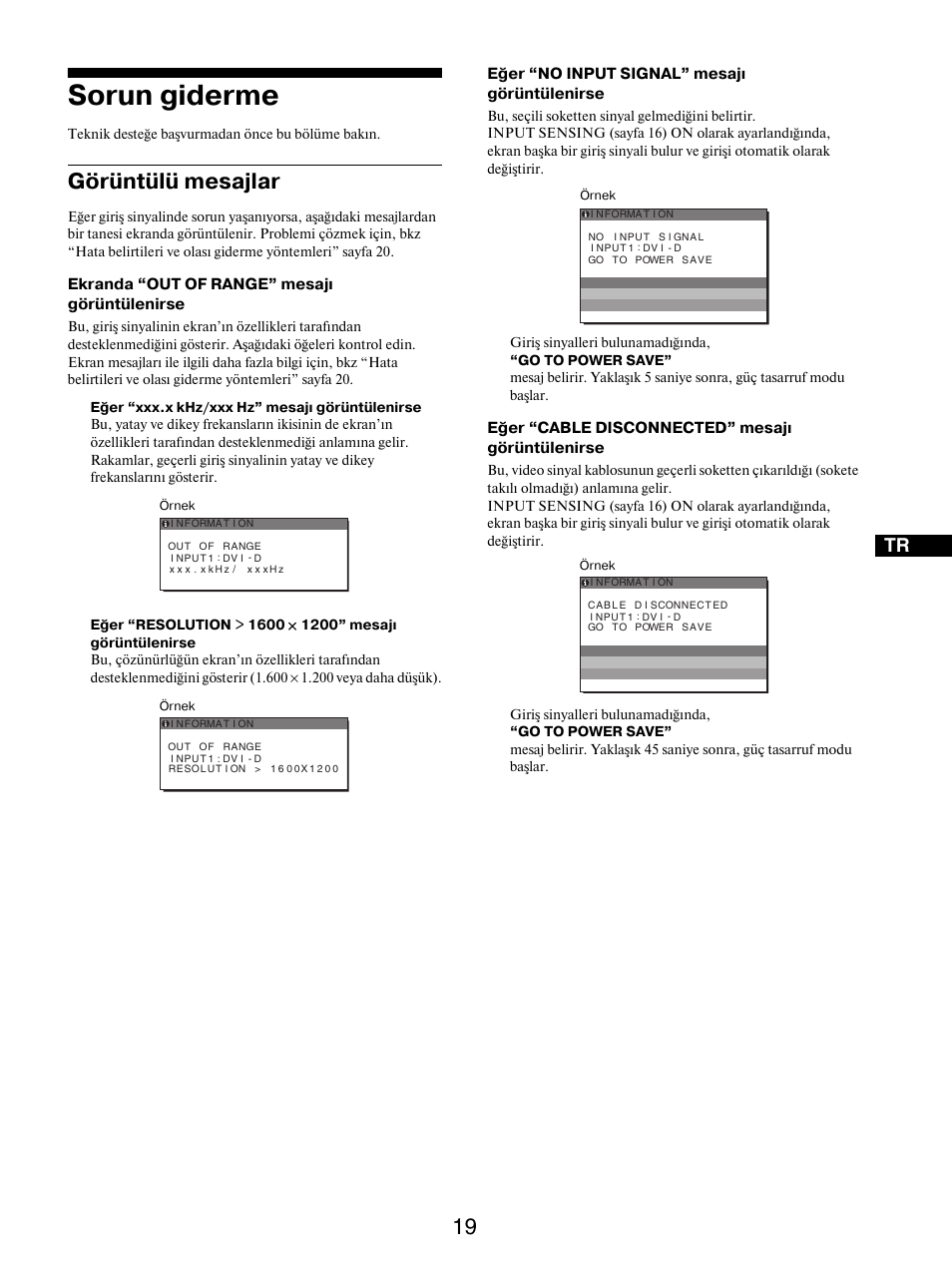 Sorun giderme, Görüntülü mesajlar | Sony SDM-S205FB User Manual | Page 397 / 403