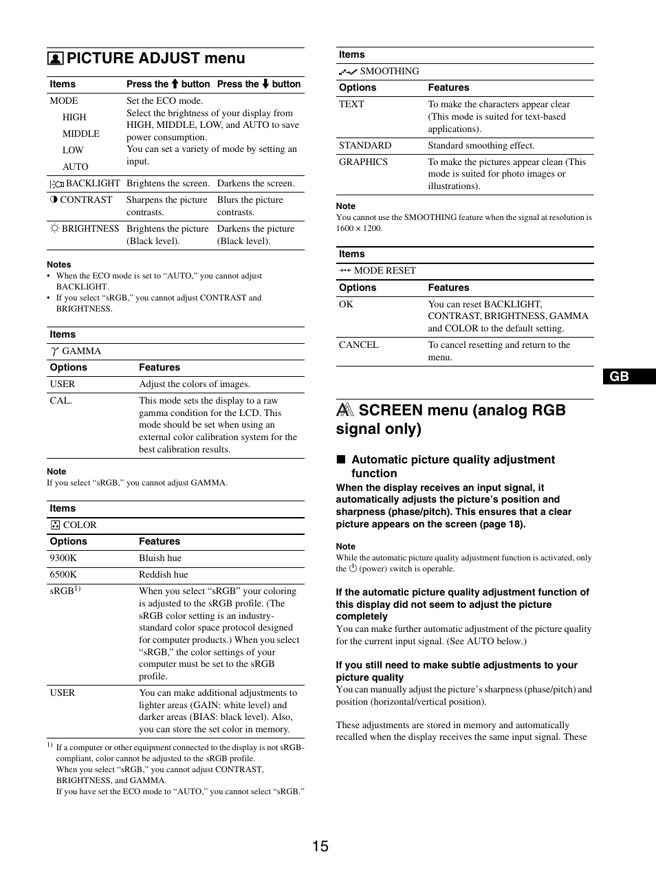 Picture adjust menu, Screen menu (analog rgb signal only) | Sony SDM-S205FB User Manual | Page 40 / 403