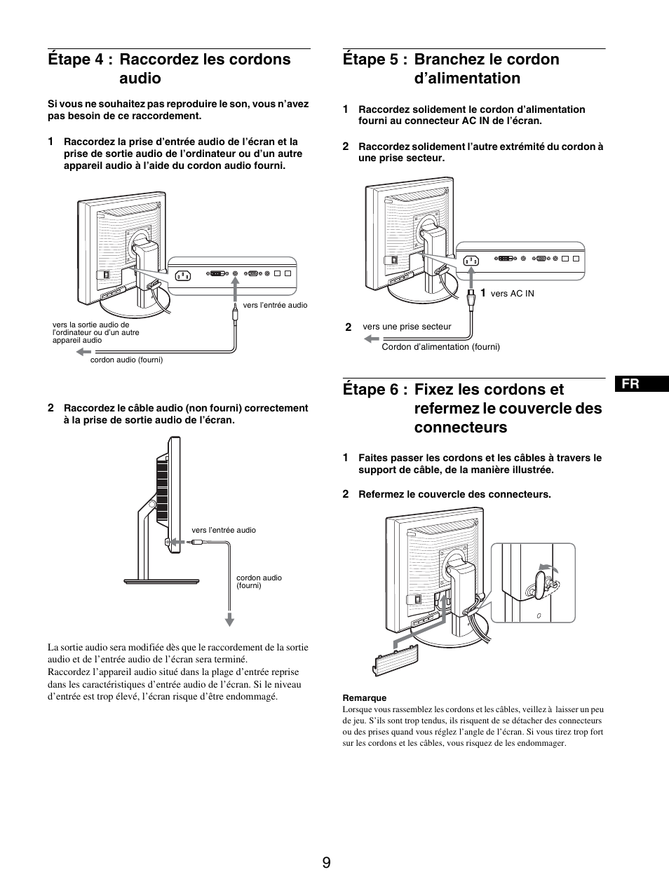 Étape 4 : raccordez les cordons audio, Étape 5 : branchez le cordon d’alimentation, Connecteurs | Sony SDM-S205FB User Manual | Page 59 / 403