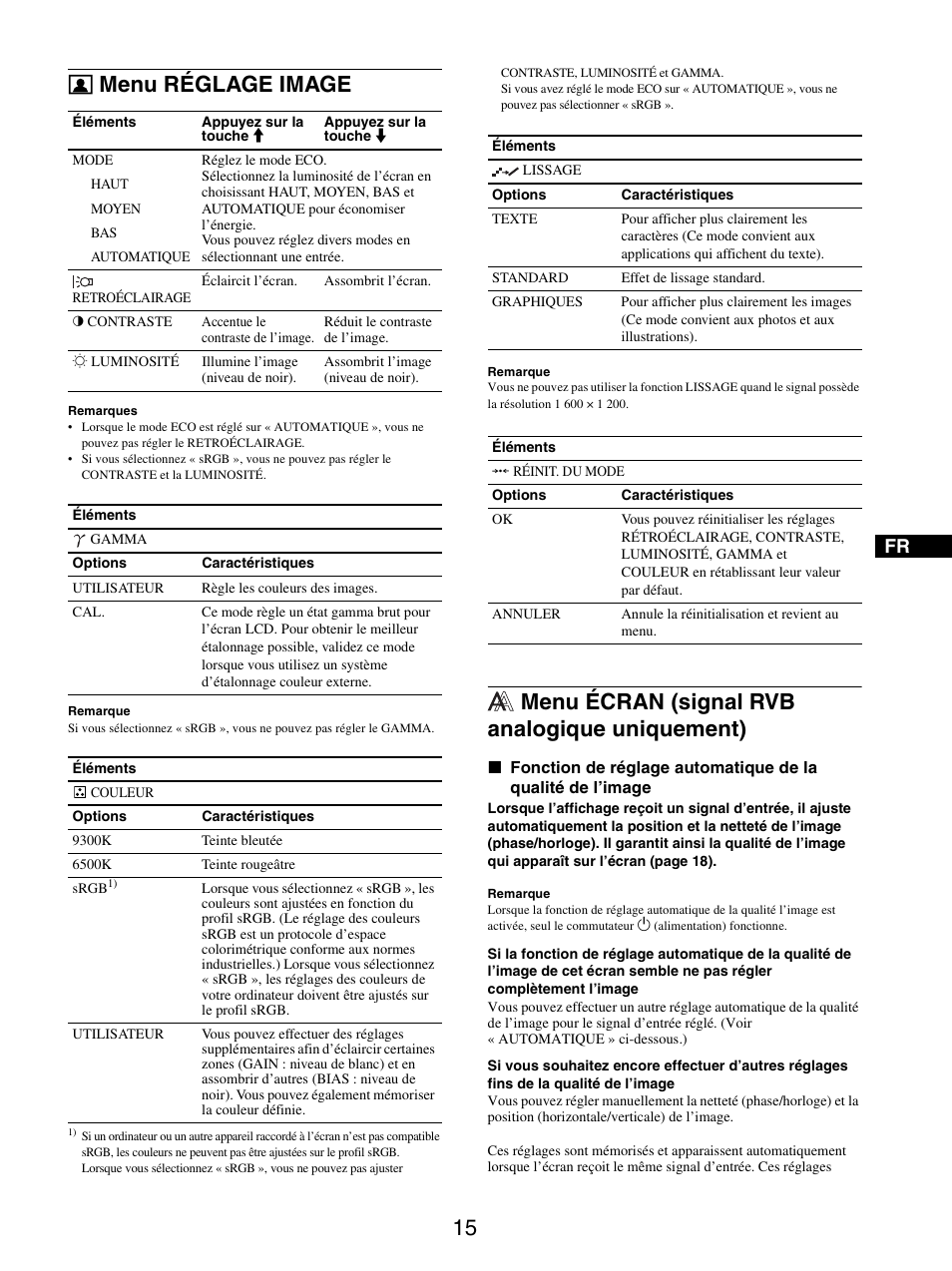 Menu réglage image, Menu écran (signal rvb analogique uniquement) | Sony SDM-S205FB User Manual | Page 65 / 403