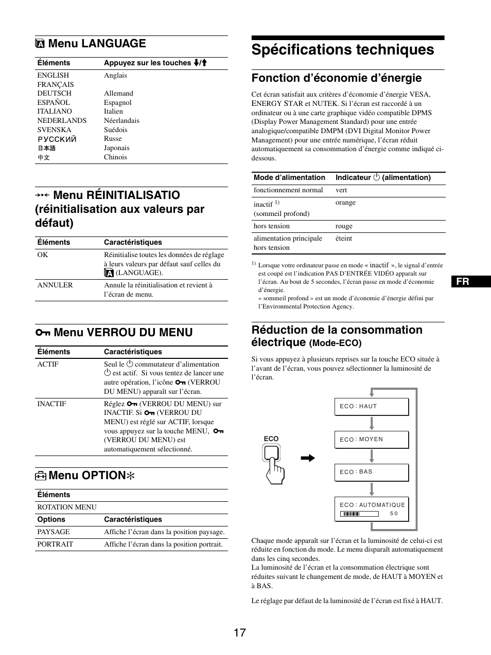 Menu language, Menu verrou du menu, Menu option | Spécifications techniques, Fonction d’économie d’énergie, Réduction de la consommation électrique (mode-eco), 0 menu réinitialisatio, Réinitialisation aux valeurs par défaut), Menu verrou du menu menu option, Réduction de la consommation électrique | Sony SDM-S205FB User Manual | Page 67 / 403