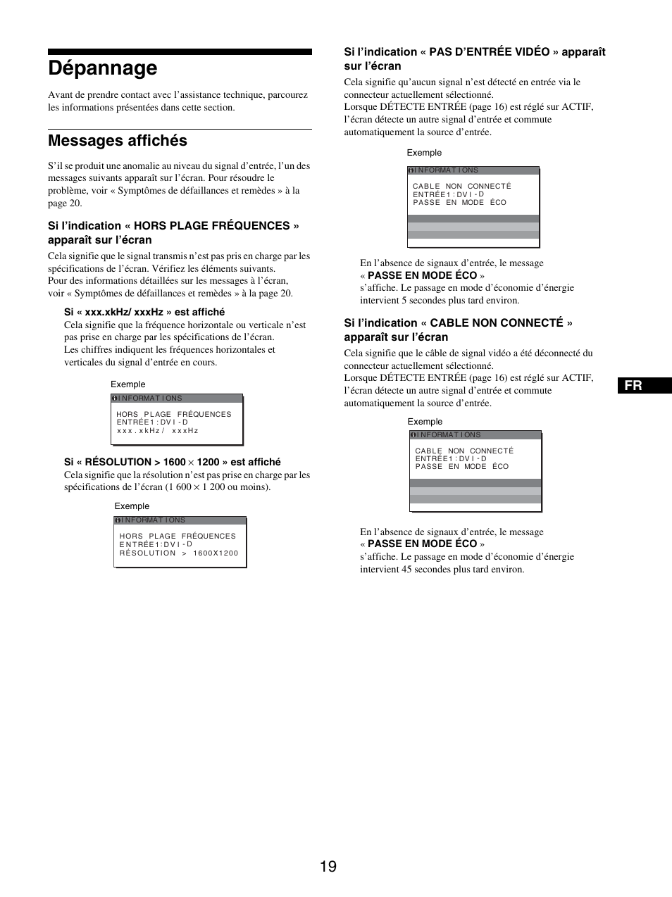Dépannage, Messages affichés | Sony SDM-S205FB User Manual | Page 69 / 403