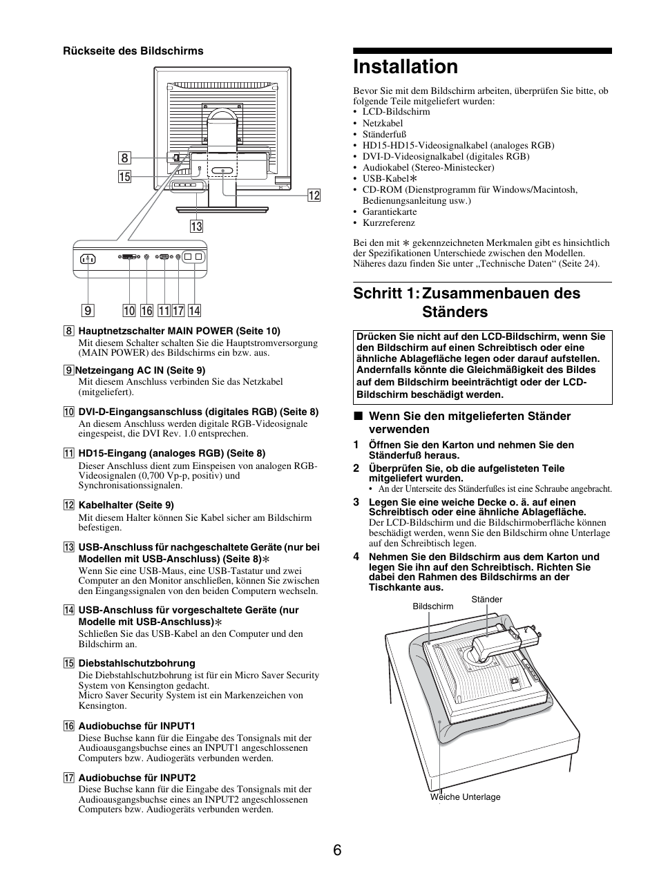 Installation, Schritt 1: zusammenbauen des ständers | Sony SDM-S205FB User Manual | Page 81 / 403