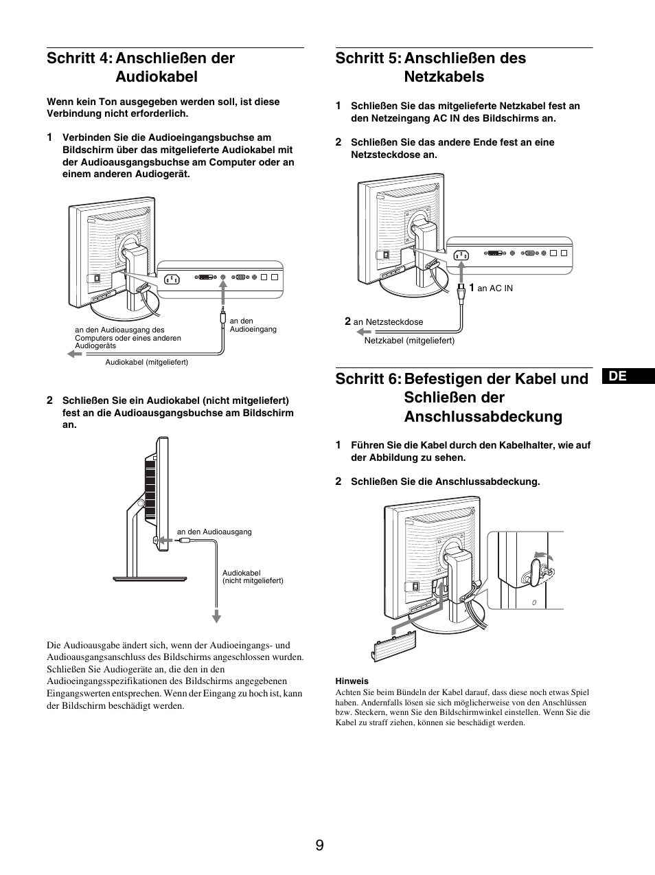 Schritt 4: anschließen der audiokabel, Schritt 5: anschließen des netzkabels, Anschlussabdeckung | Sony SDM-S205FB User Manual | Page 84 / 403