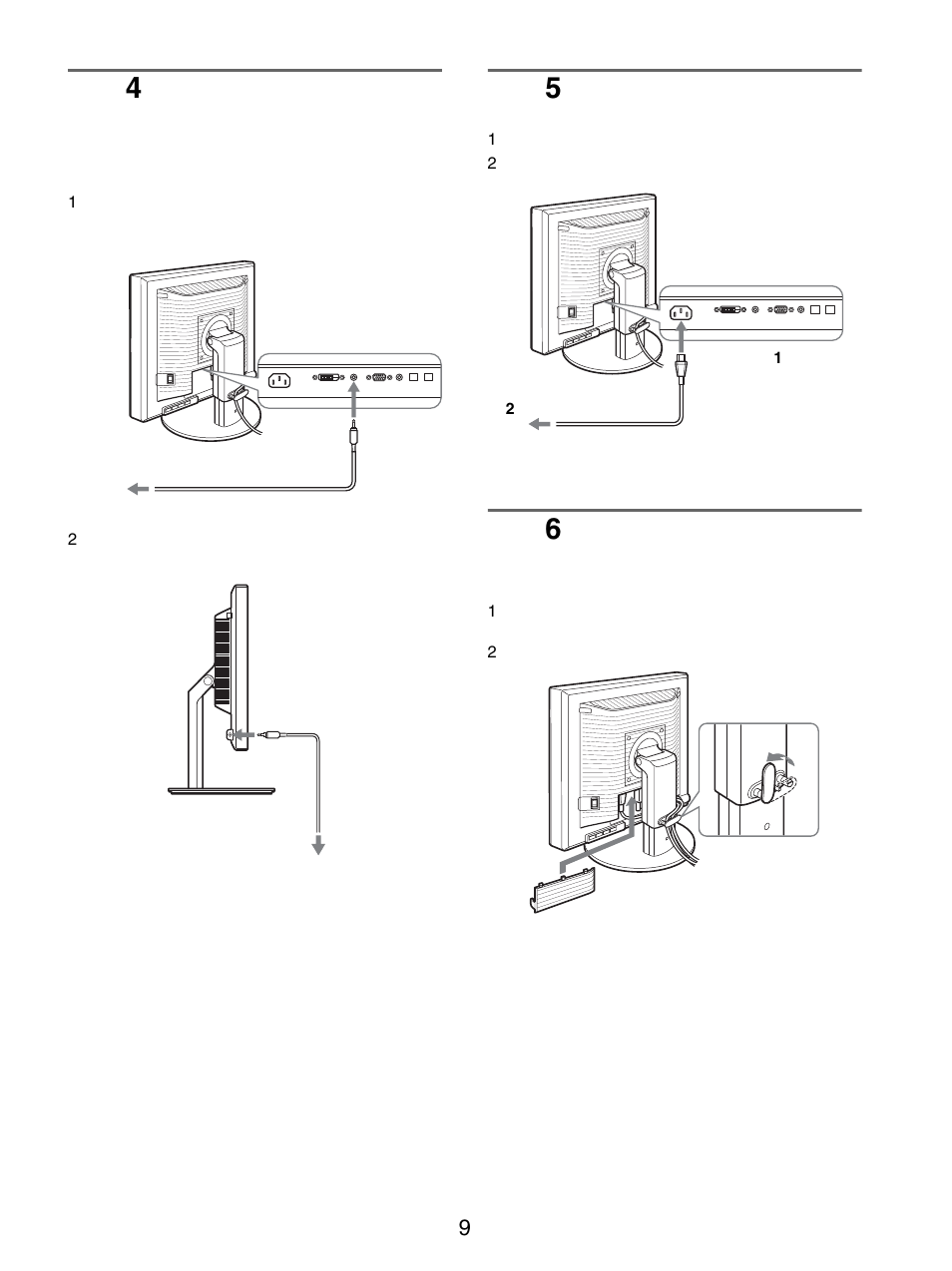 準備4：オーディオ接続コードをつなぐ, 準備5：電源コードをつなぐ, 準備6：コード類をまとめて端子カバーを閉める | オーディオ接続コードをつなぐ, 電源コードをつなぐ, コード類をまとめて端子カバーを閉める, オーディオ接続コード をつなぐ, コード類をまとめて端 子カバーを閉める | Sony SDM-S205FB User Manual | Page 9 / 403