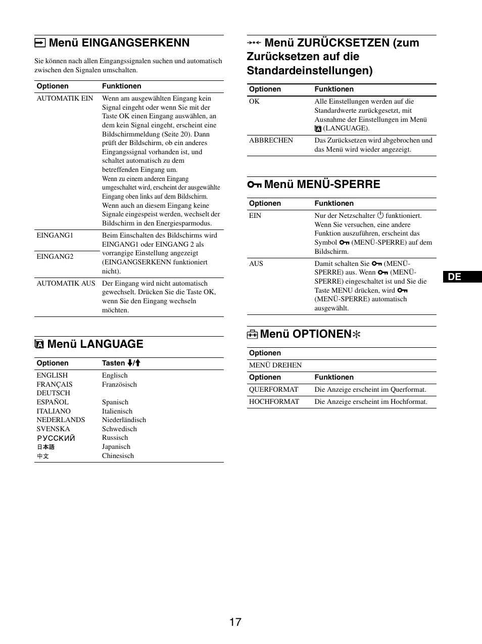 Menü eingangserkenn, Menü language, Menü menü-sperre | Menü optionen, Menü eingangserkenn menü language, 0 menü zurücksetzen, Zum zurücksetzen auf die standardeinstellungen) | Sony SDM-S205FB User Manual | Page 92 / 403