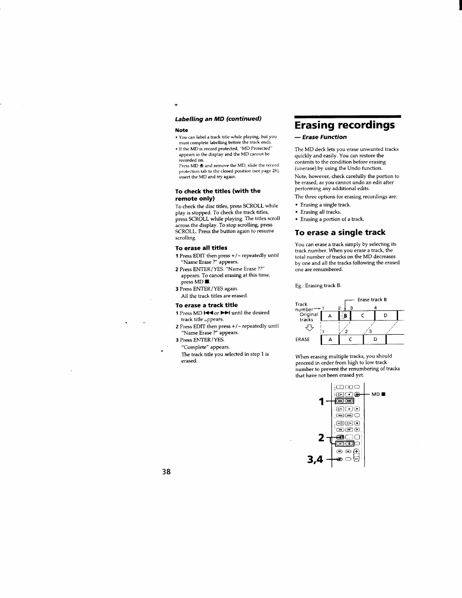 Note, To check the titles (with the remote only), To erase all titles | To erase a track title, Erasing recordings, To erase a single track, I ^ hi ^ i | Sony DHC-MD333 User Manual | Page 38 / 60