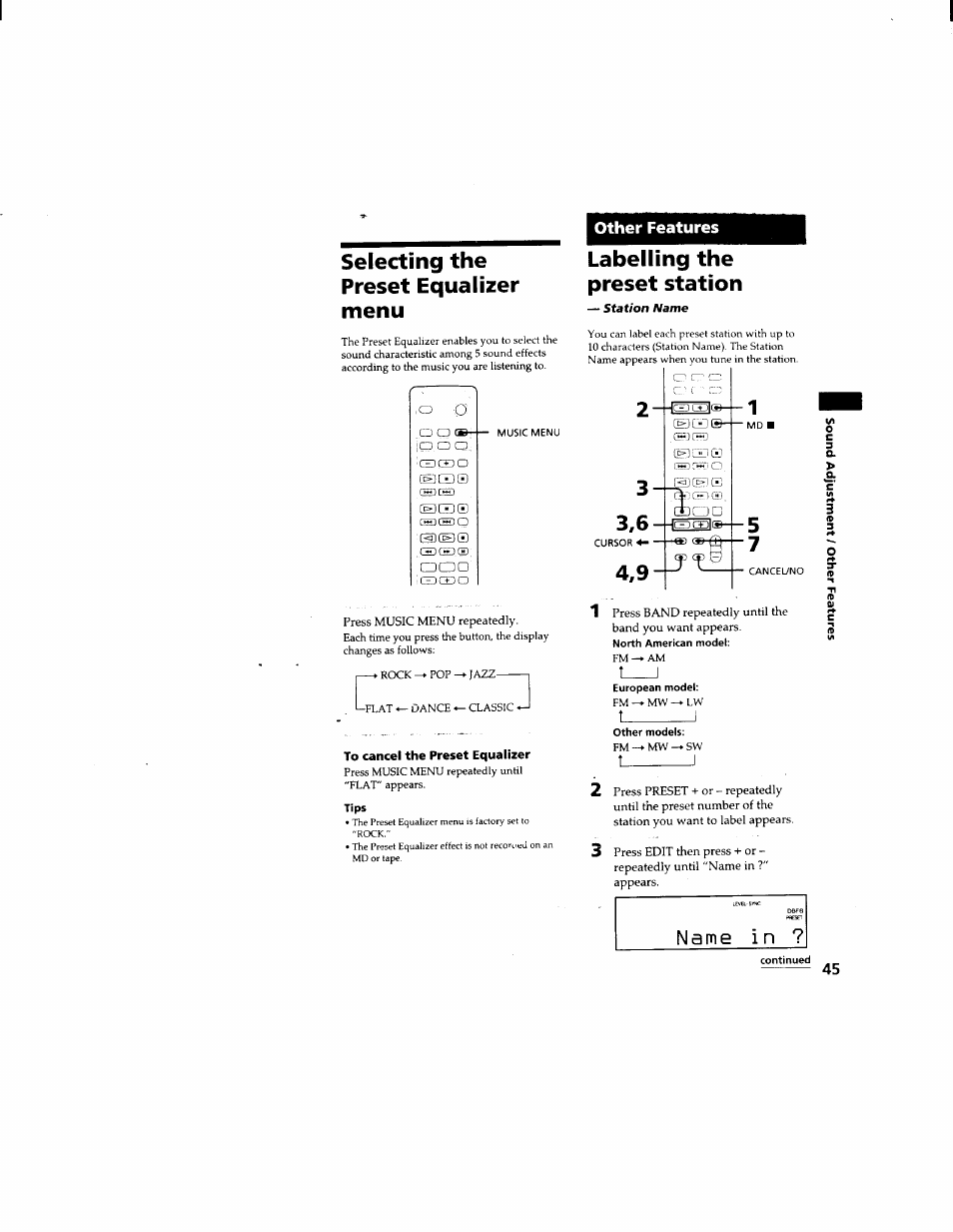 Selecting the preset equalizer menu, To cancel the preset equalizer, Tips | Other features, Labelling the preset station, North american model, Continued, Name in | Sony DHC-MD333 User Manual | Page 45 / 60