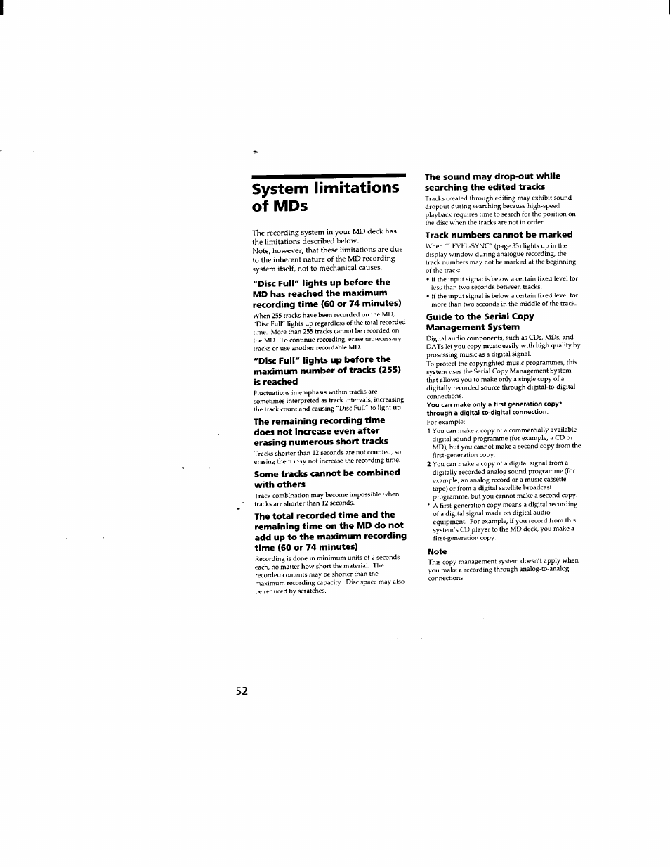 System limitations of mds, Note | Sony DHC-MD333 User Manual | Page 52 / 60