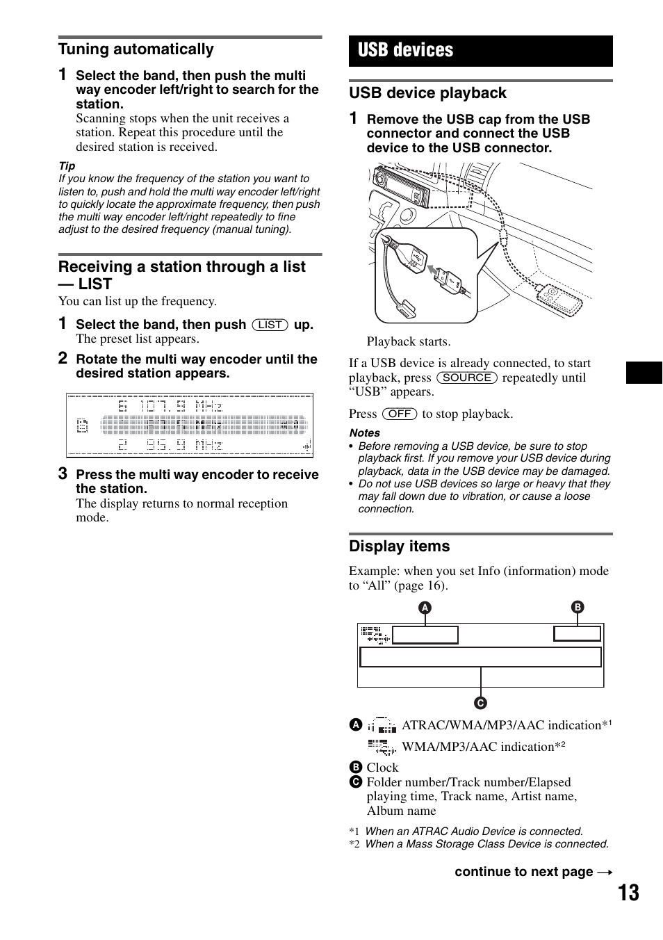 Tuning automatically, Receiving a station through a list - list, Usb devices | Usb device playback, Display items, Usb device playback display items | Sony CDX-GT920U User Manual | Page 13 / 56