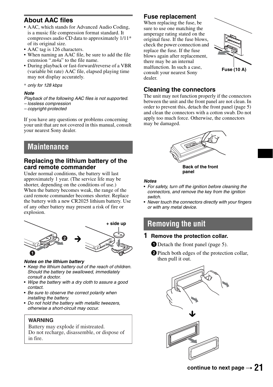 About aac files, Maintenance, Removing the unit | Maintenance removing the unit | Sony CDX-GT920U User Manual | Page 21 / 56