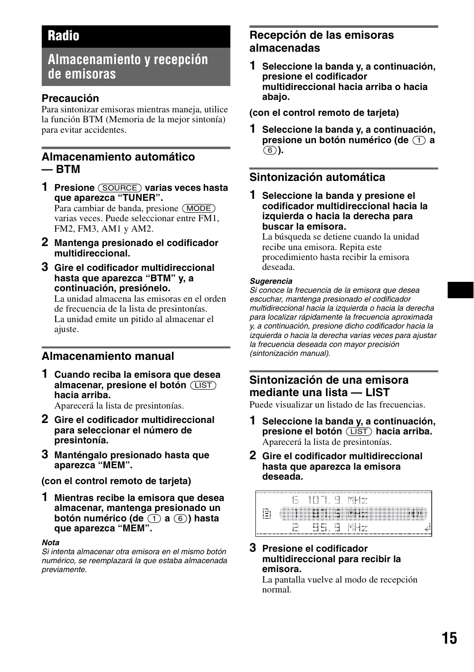 Radio, Almacenamiento y recepción de emisoras, Almacenamiento automático - btm | Almacenamiento manual, Recepción de las emisoras almacenadas, Sintonización automática, Radio almacenamiento y recepción de emisoras | Sony CDX-GT920U User Manual | Page 39 / 56