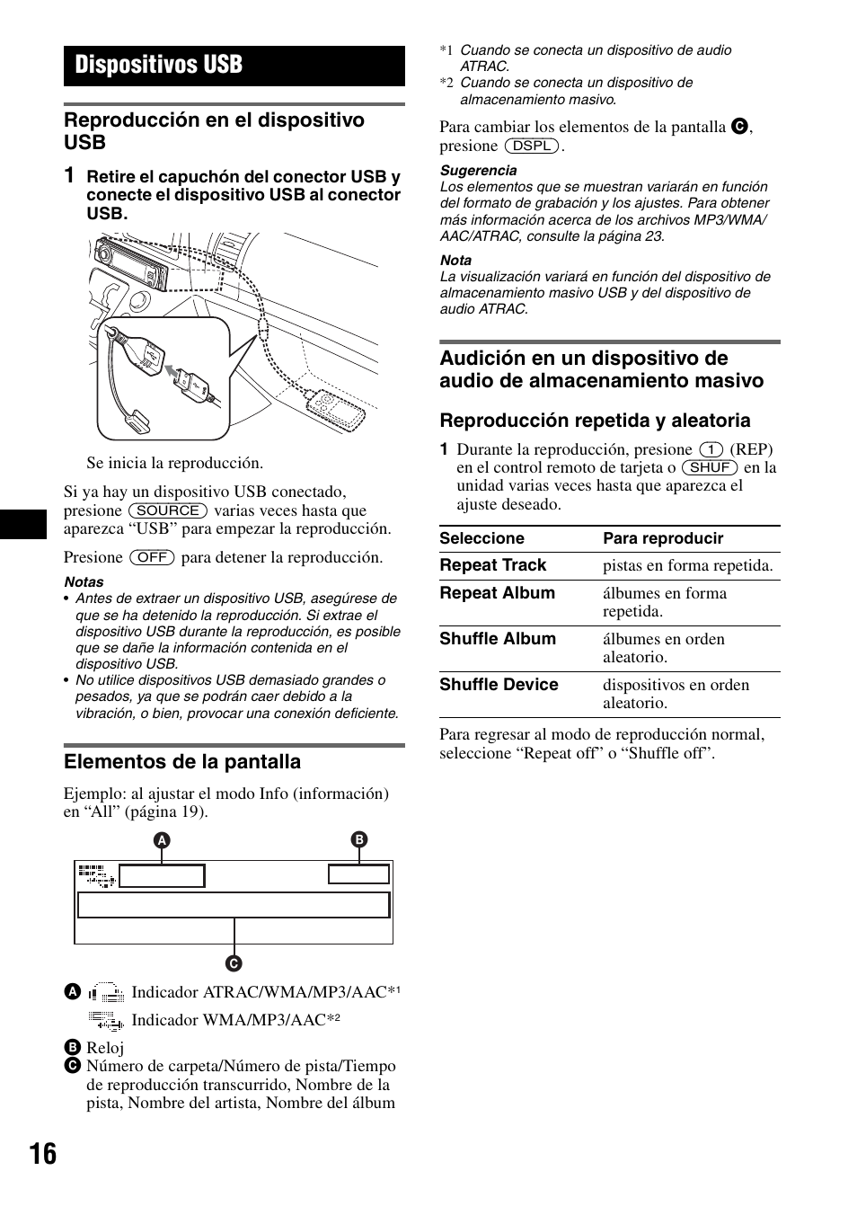 Dispositivos usb, Reproducción en el dispositivo usb, Elementos de la pantalla | Sony CDX-GT920U User Manual | Page 40 / 56