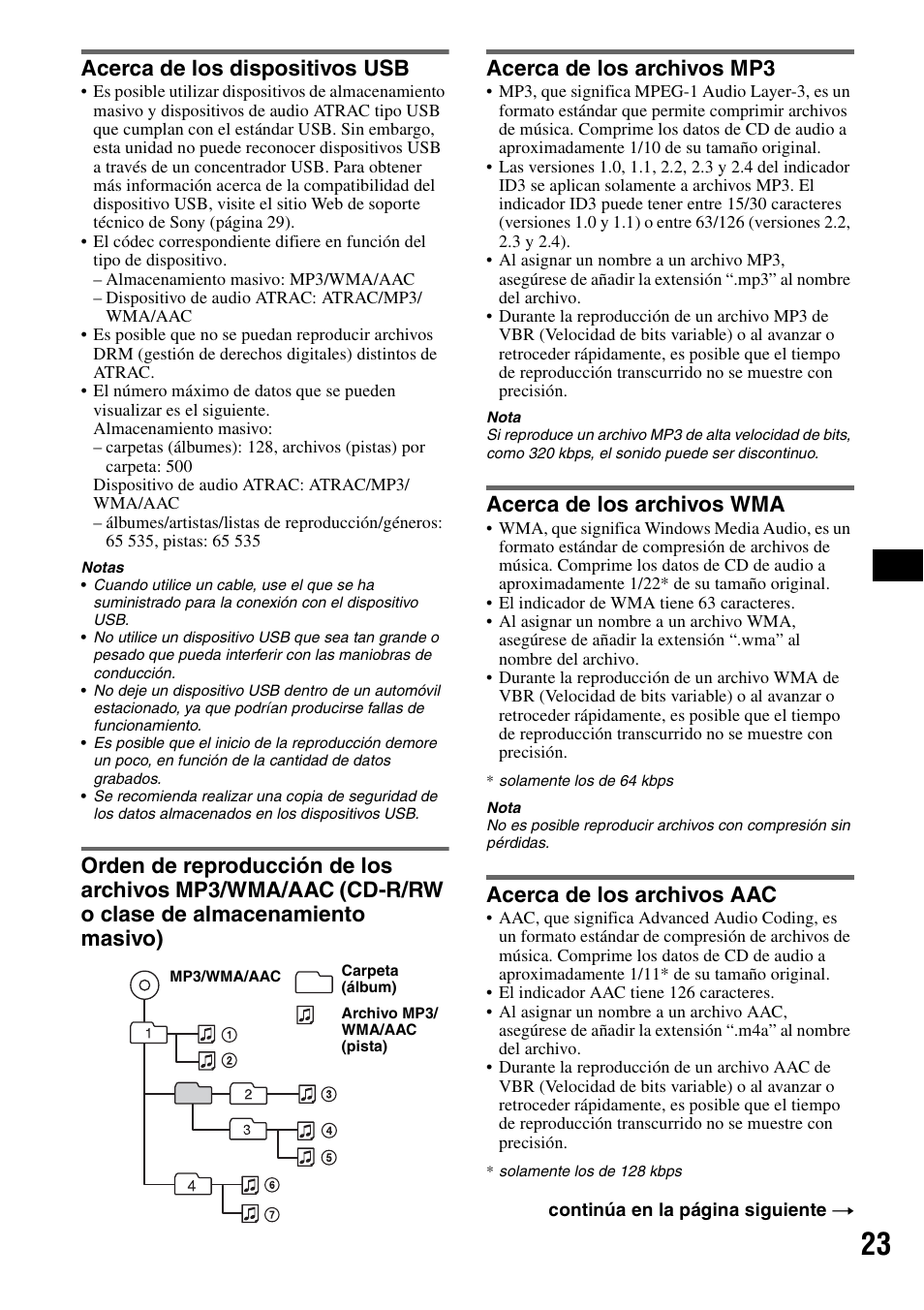 Acerca de los dispositivos usb, Acerca de los archivos mp3, Acerca de los archivos wma | Acerca de los archivos aac | Sony CDX-GT920U User Manual | Page 47 / 56