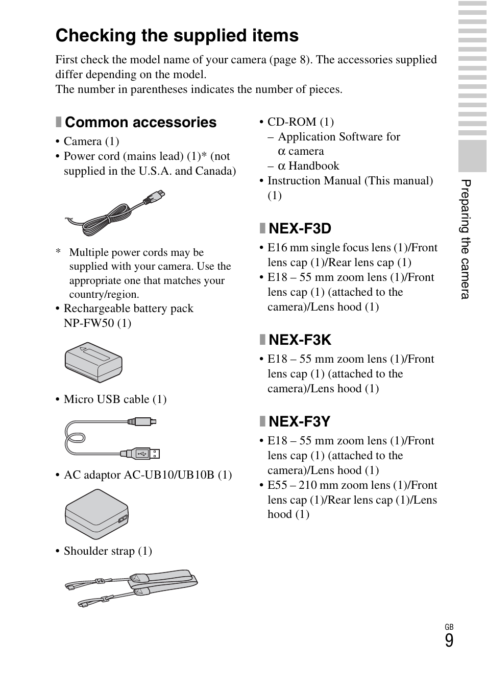 Preparing the camera, Checking the supplied items, Xcommon accessories | Xnex-f3d, Xnex-f3k, Xnex-f3y | Sony NEX-F3 User Manual | Page 9 / 94