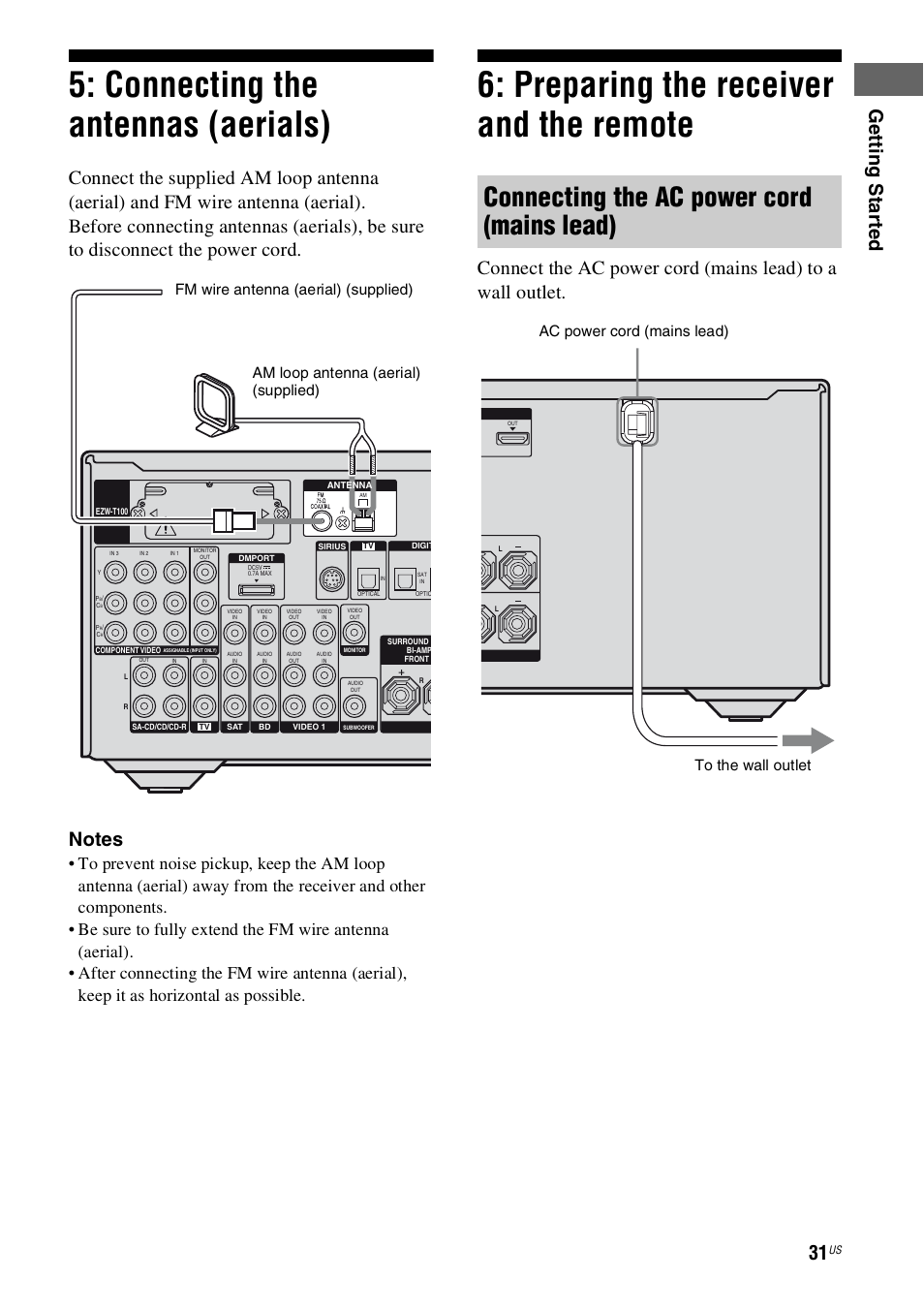 Connecting the antennas (aerials), Preparing the receiver and the remote, Connecting the ac power cord (mains lead) | Ge tt ing st ar te d, Ac power cord (mains lead) to the wall outlet | Sony STR-DH800 User Manual | Page 31 / 124
