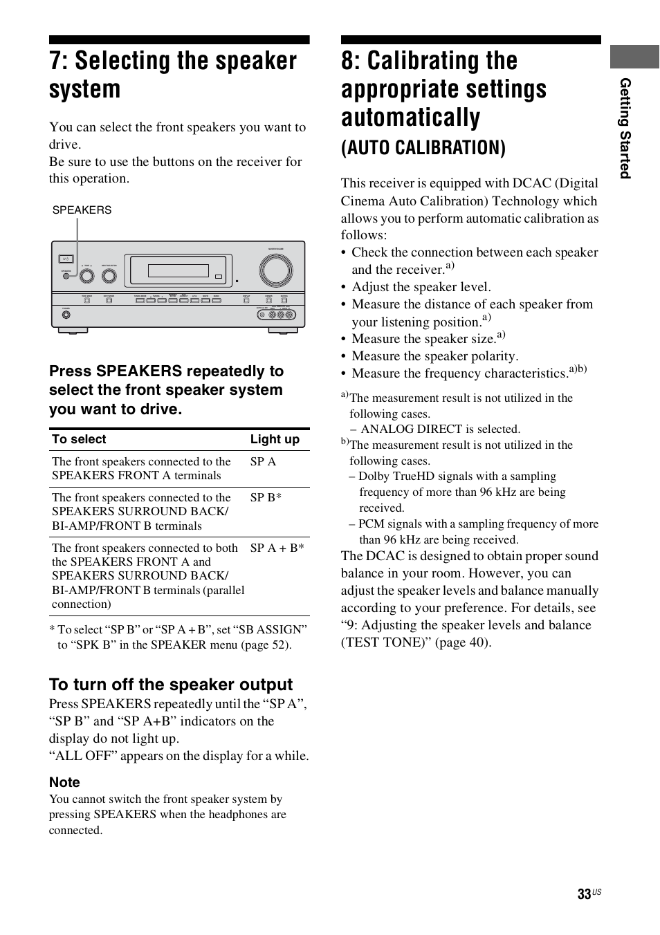 Selecting the speaker system, Automatically, Auto calibration) | Calibrating the appropriate settings automatically, Ge tt ing st ar te d, Measure the speaker size | Sony STR-DH800 User Manual | Page 33 / 124