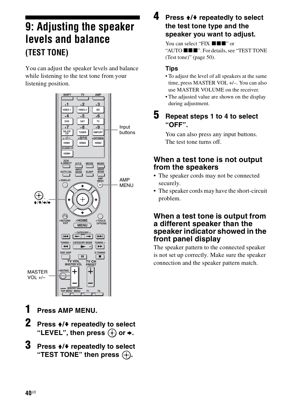 Adjusting the speaker levels and, Balance (test tone), E 40 | Adjusting the speaker levels and balance, Test tone), When a test tone is not output from the speakers, Press amp menu, Repeat steps 1 to 4 to select “off, Tips | Sony STR-DH800 User Manual | Page 40 / 124
