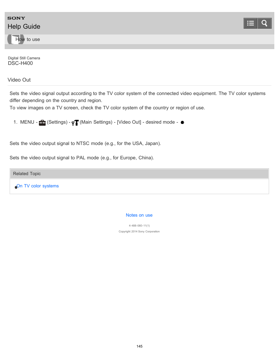 Video out, Help guide | Sony DSC-H400 User Manual | Page 149 / 238