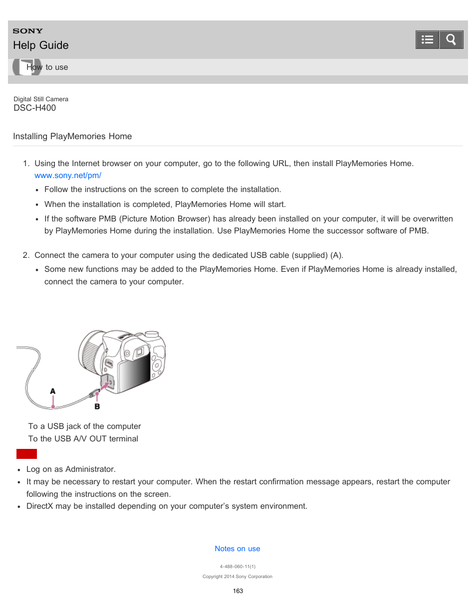 Installing playmemories home, Help guide | Sony DSC-H400 User Manual | Page 167 / 238