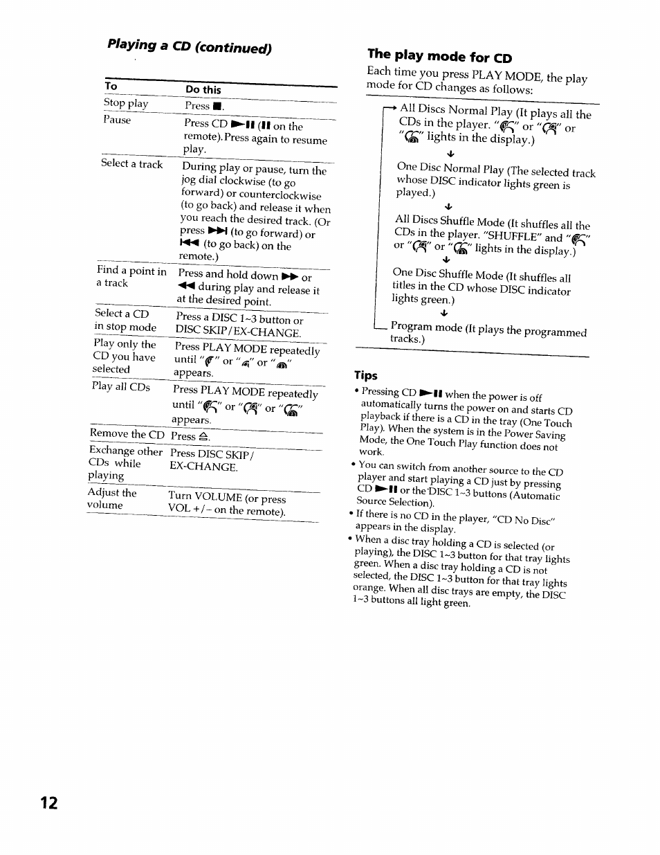Tips, Playing a cd (continued), The play mode for cd | Sony DHC-MDX10 User Manual | Page 12 / 92