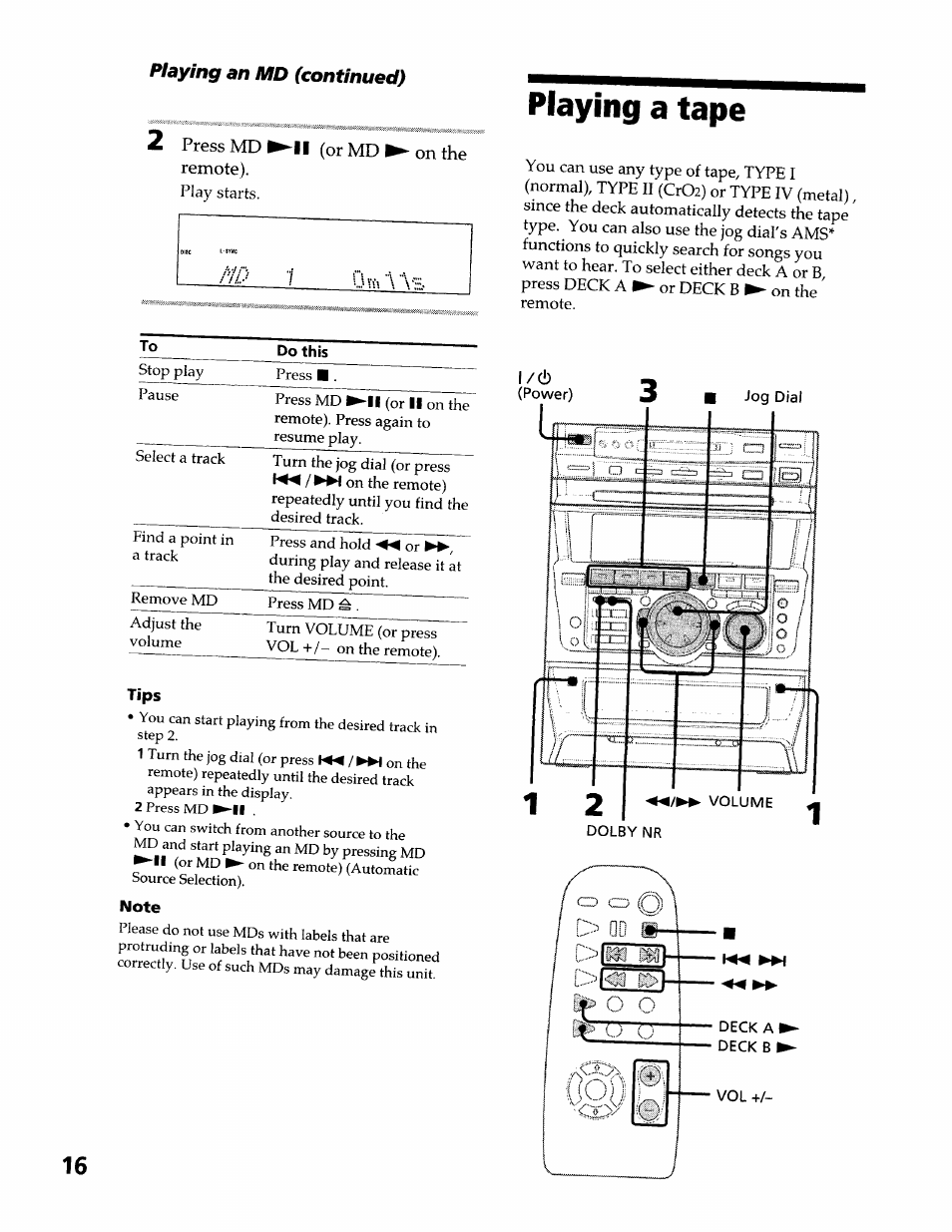 2 press md remote), Playing a tape, Note | Ovh \as, Playing an md (continued) | Sony DHC-MDX10 User Manual | Page 16 / 92