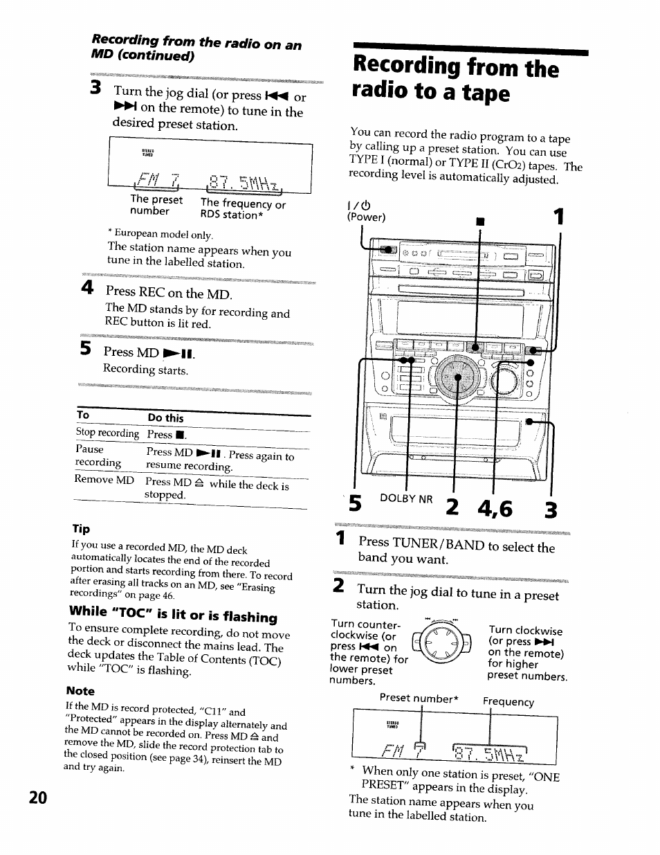 4 press rec on the md, 5 press md ►ll, Recording from the radio to a tape | While "toc" is lit or is flashing, Note, 1 press tuner / band to select the band you want, 2 turn the jog dial to tune in a preset station | Sony DHC-MDX10 User Manual | Page 20 / 92