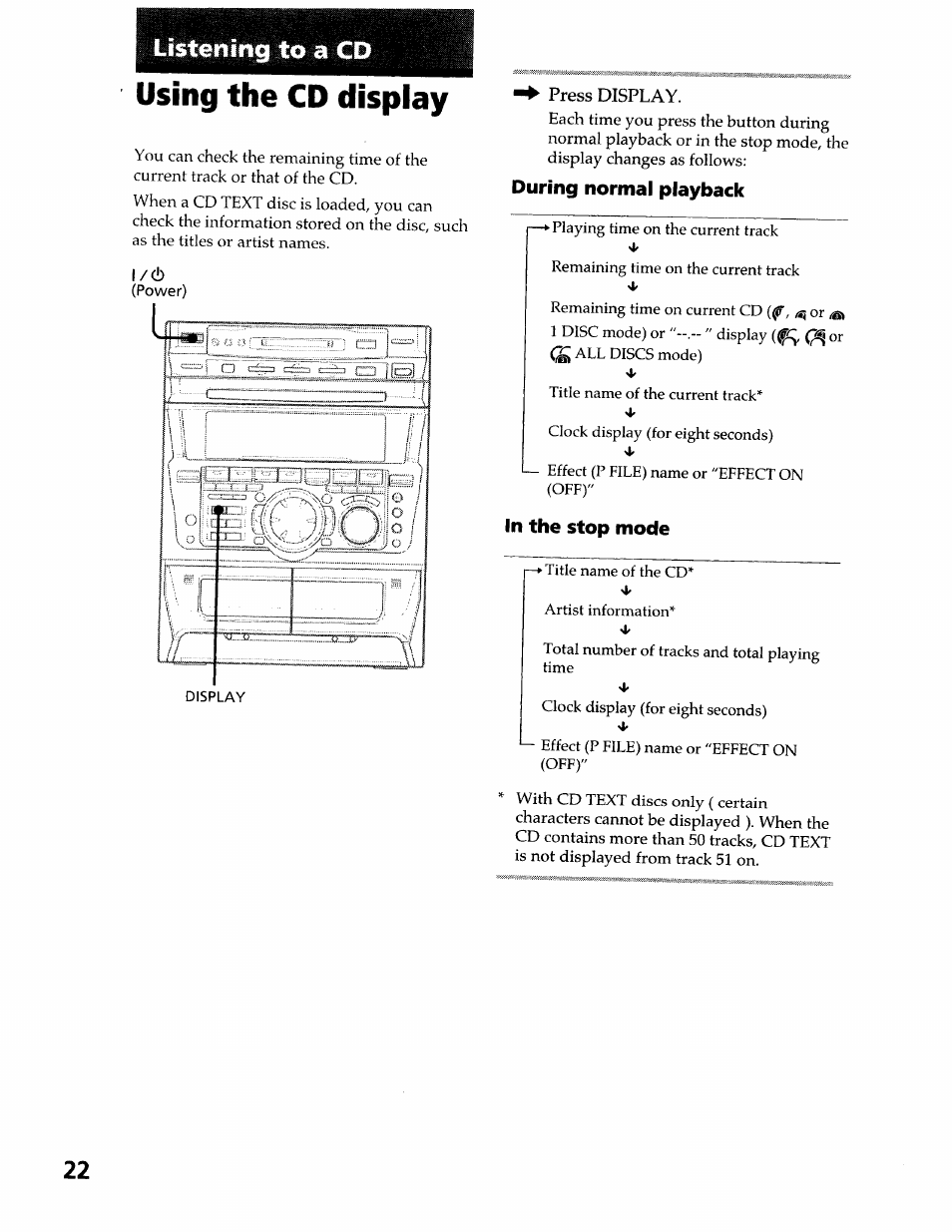 Using the cd display, During normal playback, In the stop mode | Listening to a cd | Sony DHC-MDX10 User Manual | Page 22 / 92