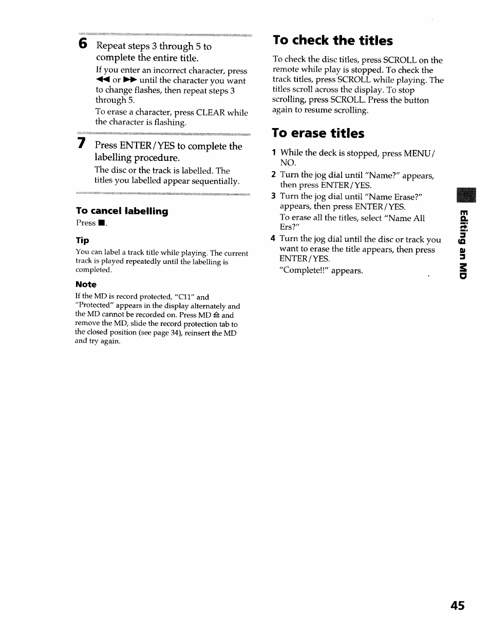To cancel labelling, Note, To check the titles | To erase titles | Sony DHC-MDX10 User Manual | Page 45 / 92