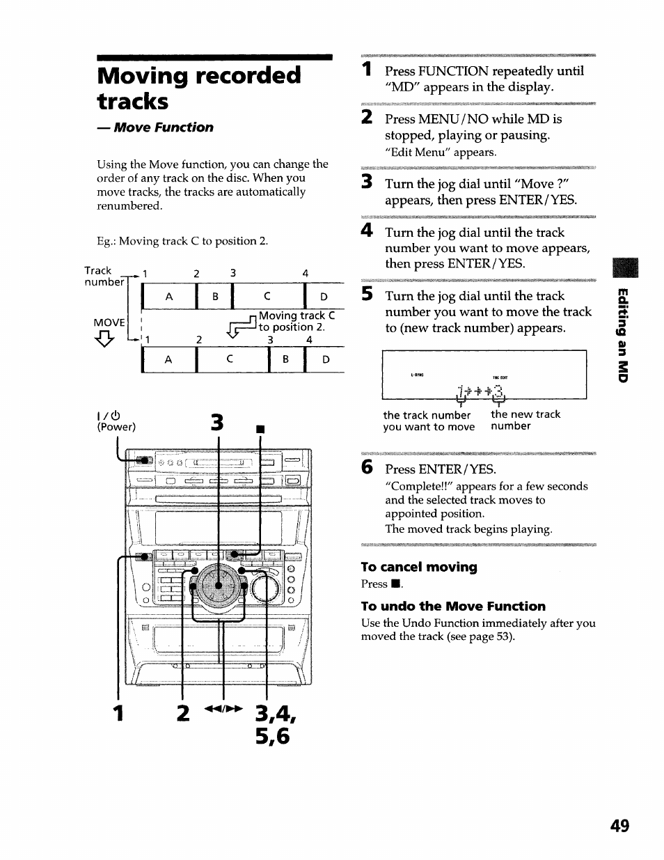 Moving recorded tracks, To cancel moving, To undo the move function | Sony DHC-MDX10 User Manual | Page 49 / 92