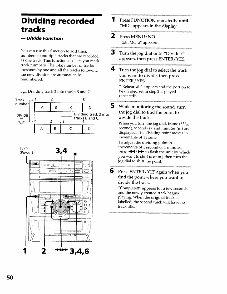 Dividing recorded tracks | Sony DHC-MDX10 User Manual | Page 50 / 92