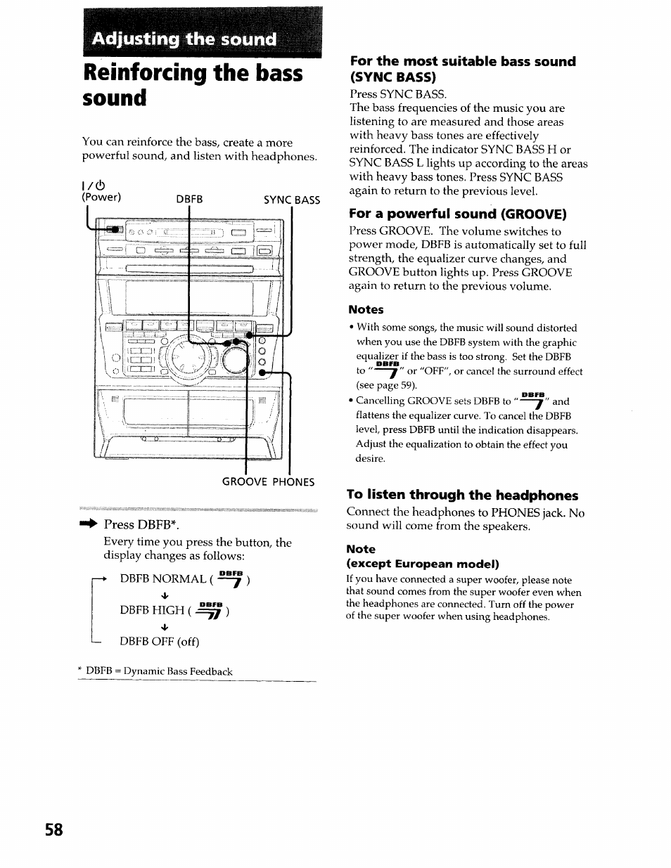 Adjusting the sound, Reinforcing the bass sound, Press defb | For the most suitable bass sound (sync bass), For a powerful sound (groove), To listen through the headphones | Sony DHC-MDX10 User Manual | Page 58 / 92