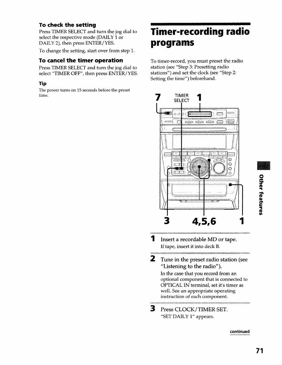 To check the setting, To cancel the timer operation, Timer-recording radio programs | Insert a recordable md or tape, 3 press clock/timer set | Sony DHC-MDX10 User Manual | Page 71 / 92