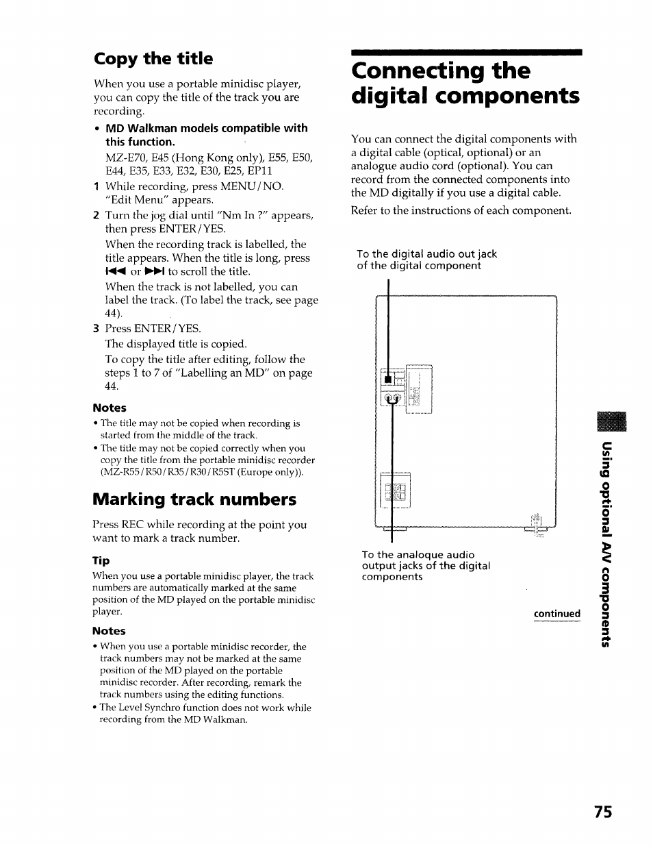 Copy the title, Md walkman models compatible with this function, Notes | Marking track numbers, Connecting the digital components | Sony DHC-MDX10 User Manual | Page 75 / 92
