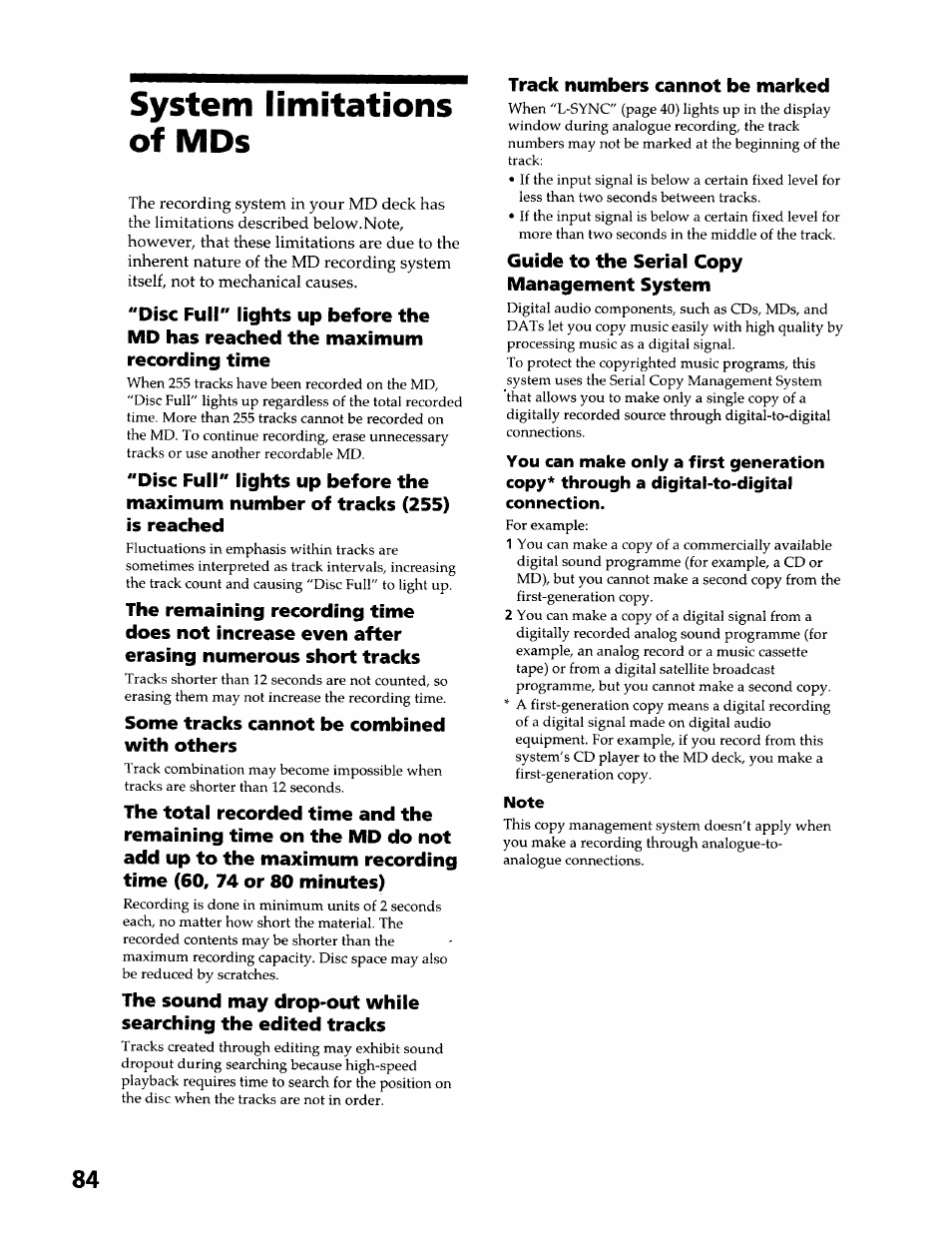 System limitations of mds | Sony DHC-MDX10 User Manual | Page 84 / 92