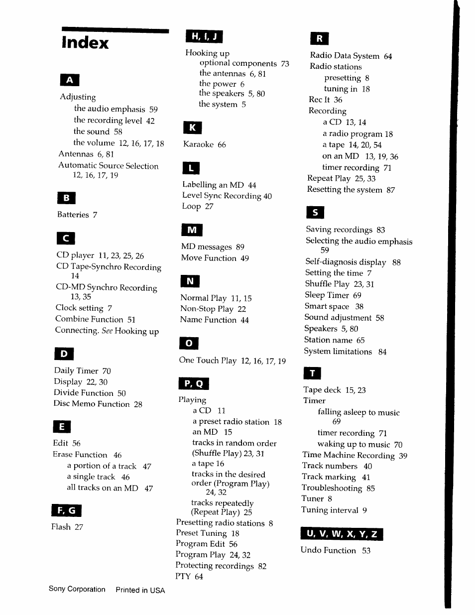 Index, H, i, j, U, v. w. x. y, z | Sony DHC-MDX10 User Manual | Page 92 / 92