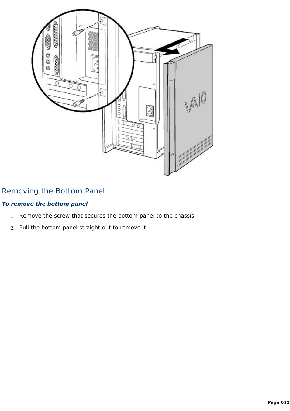 Removing the bottom panel | Sony PCV-E518DS User Manual | Page 613 / 776