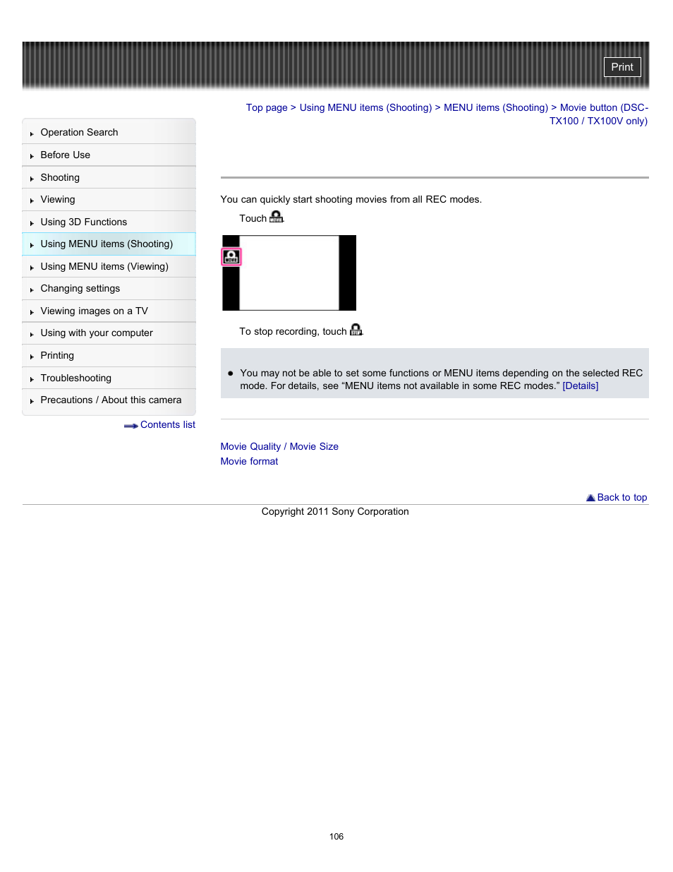 Movie button (dsc-tx100 / tx100v only) | Sony DSC-TX10 User Manual | Page 106 / 296