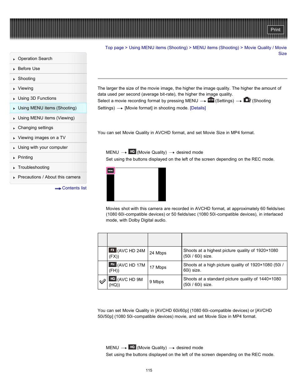 Movie quality / movie size | Sony DSC-TX10 User Manual | Page 115 / 296