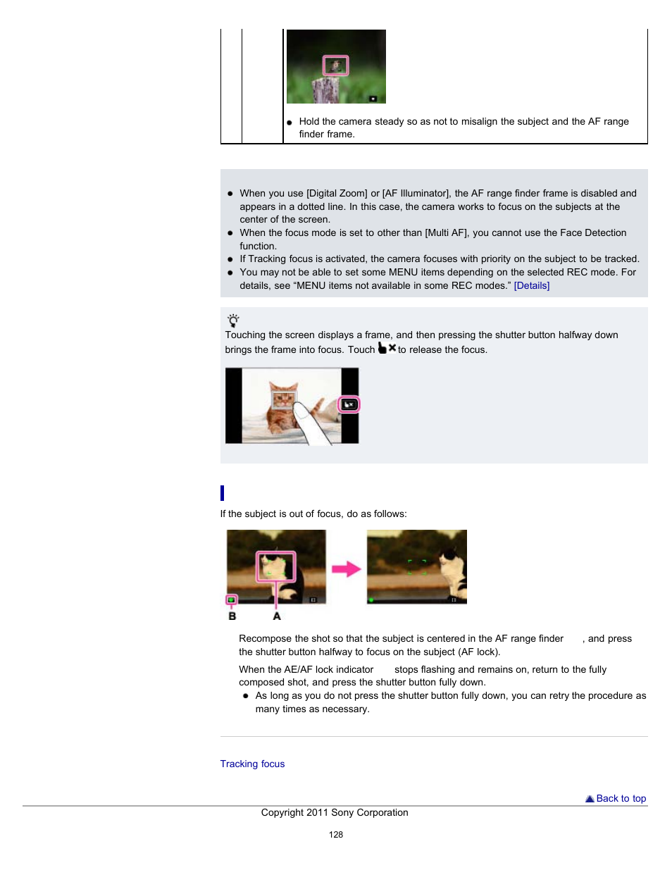Focusing on subjects near the edge of the screen | Sony DSC-TX10 User Manual | Page 128 / 296