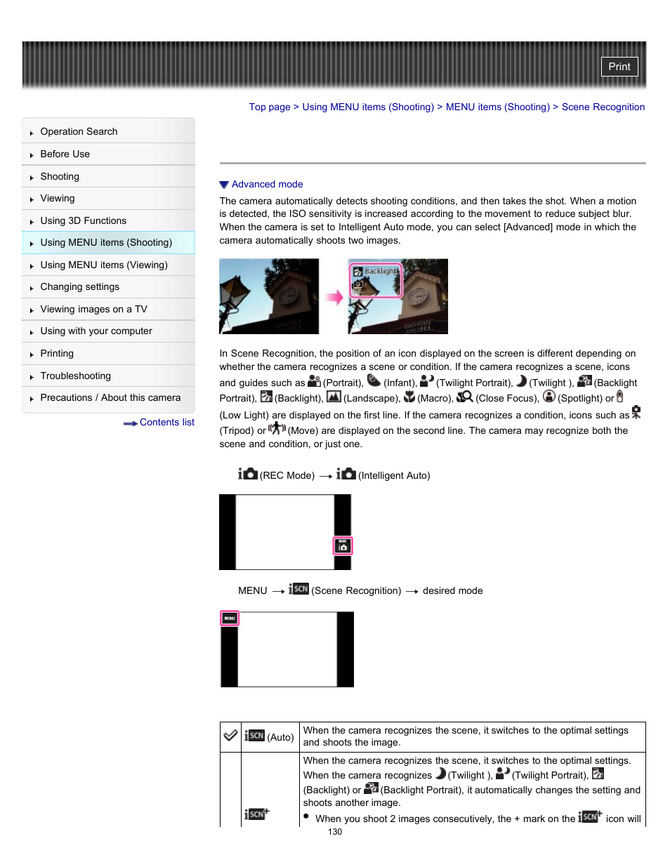 Scene recognition, Details | Sony DSC-TX10 User Manual | Page 130 / 296