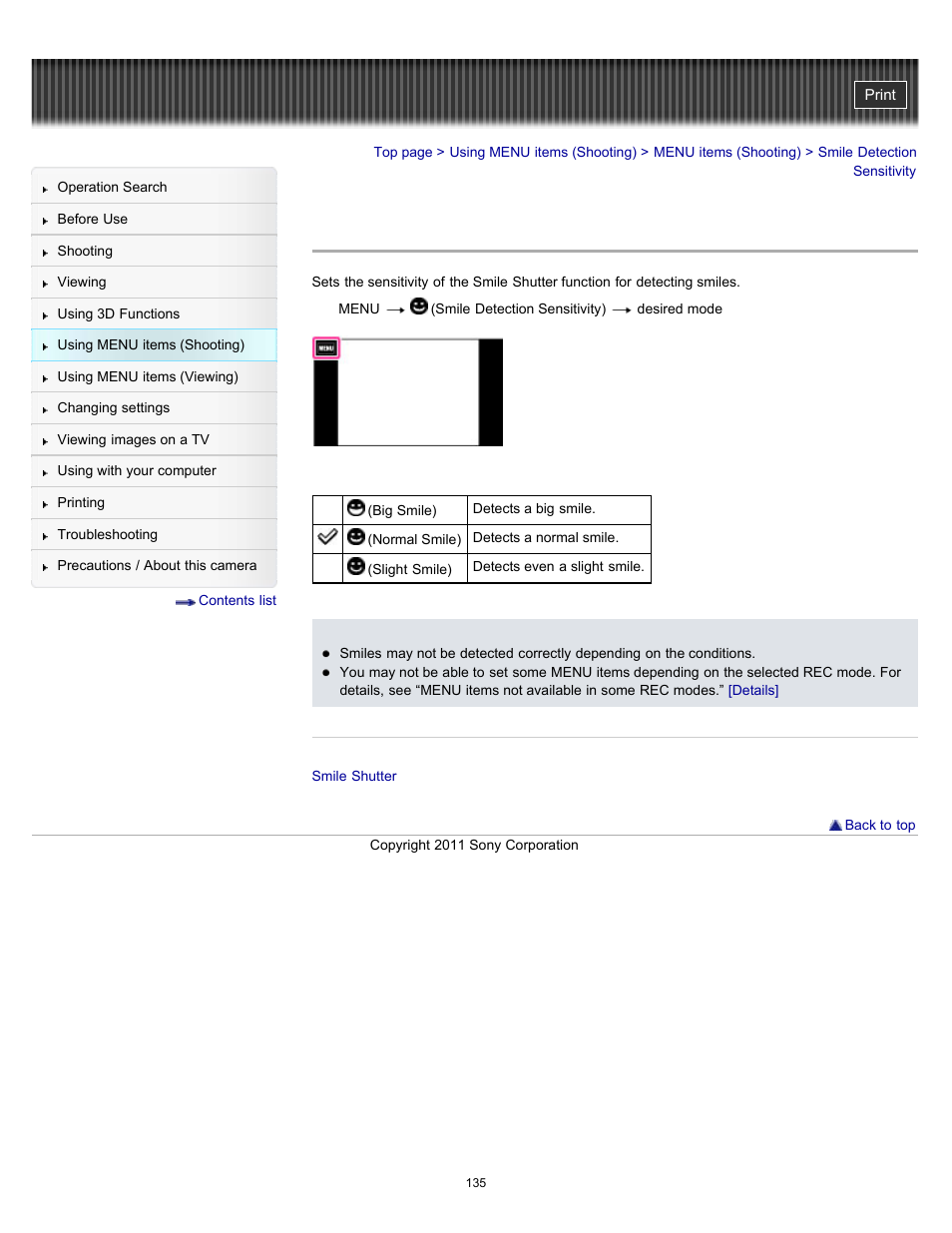 Smile detection sensitivity | Sony DSC-TX10 User Manual | Page 135 / 296