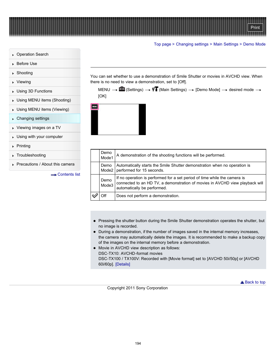 Demo mode | Sony DSC-TX10 User Manual | Page 194 / 296