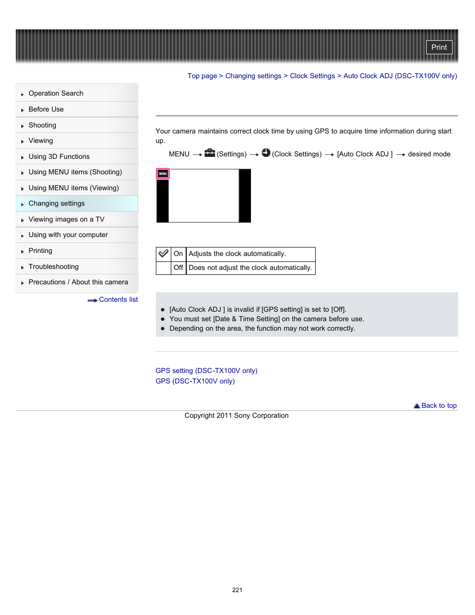 Auto clock adj (dsc-tx100v only) | Sony DSC-TX10 User Manual | Page 221 / 296