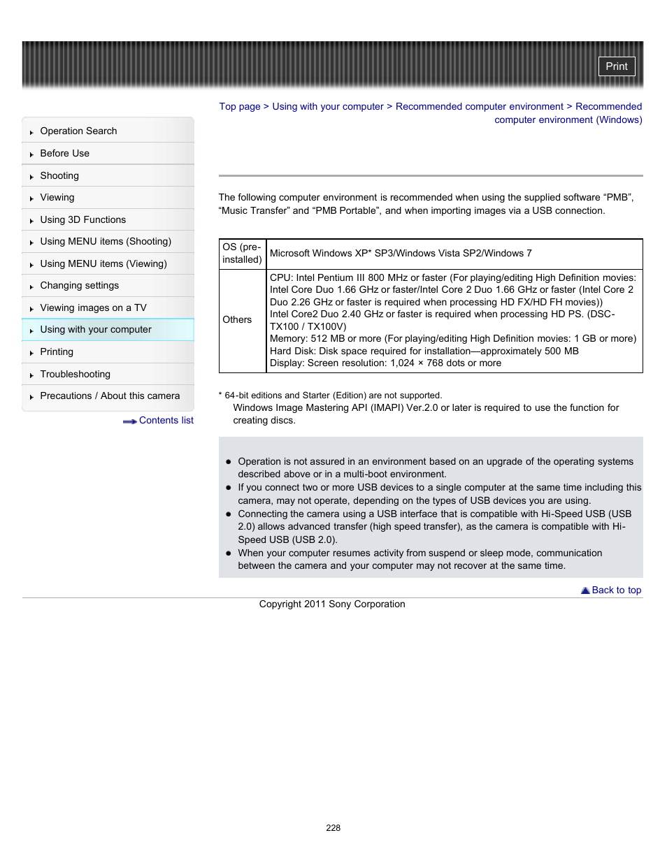 Recommended computer environment (windows) | Sony DSC-TX10 User Manual | Page 228 / 296