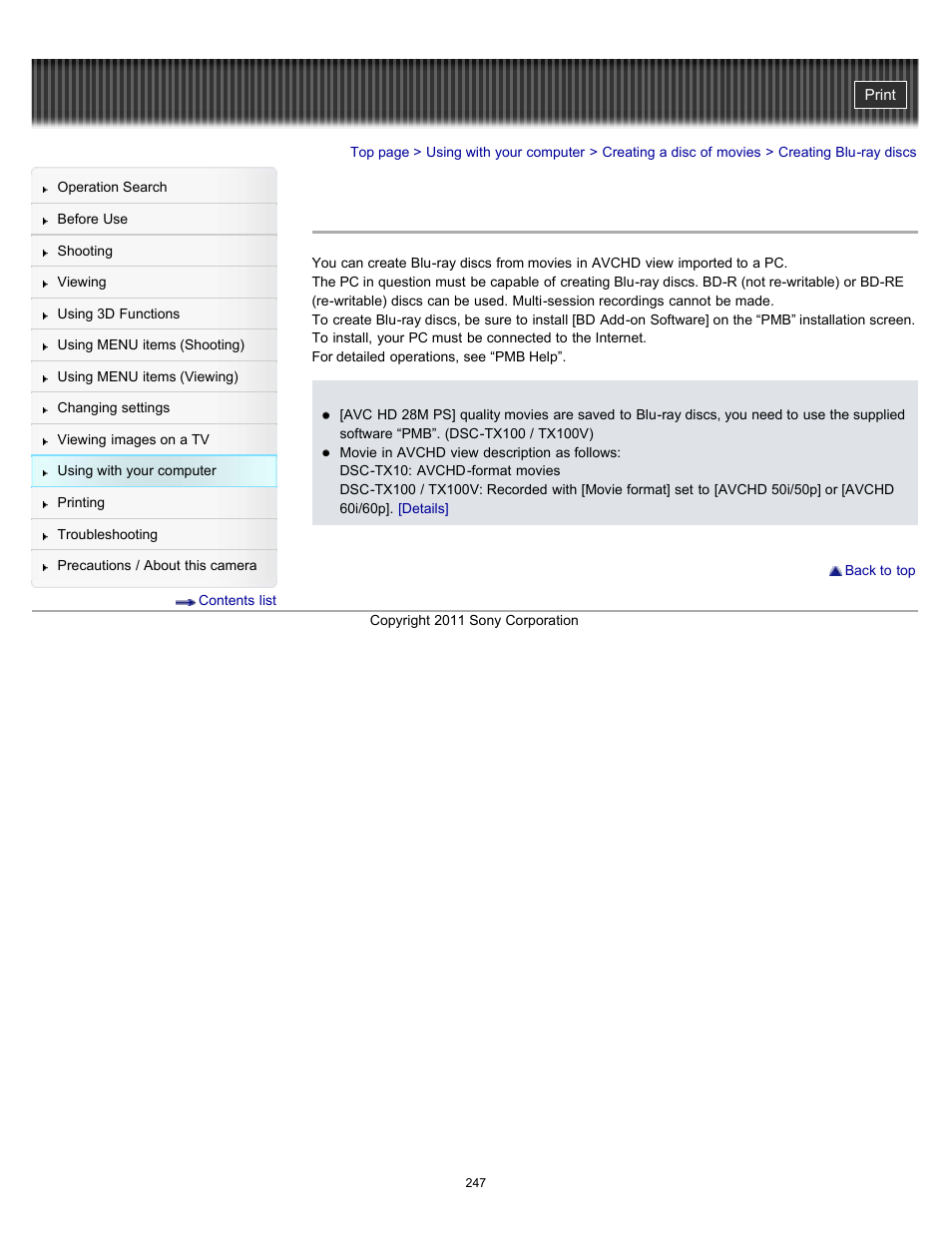 Creating blu-ray discs, Details | Sony DSC-TX10 User Manual | Page 247 / 296