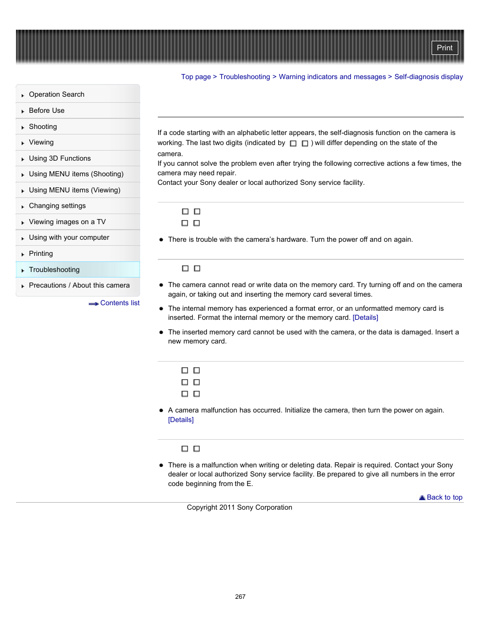 Self-diagnosis display | Sony DSC-TX10 User Manual | Page 267 / 296